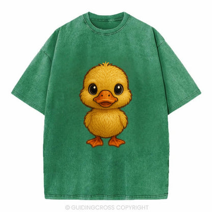 Baby Duck Duckling - yellow fluffy, orange beak, bright eyes, front-facing, quack - Vintage T-shirt - Forest Mist(Green)