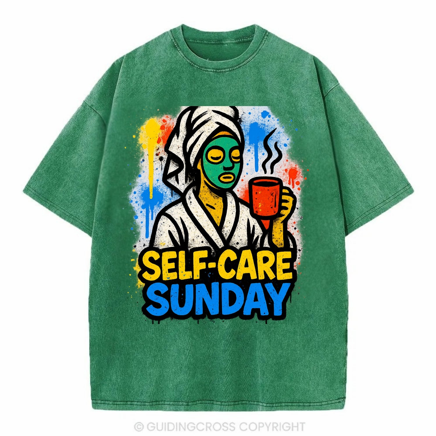 Person in bathrobe with face mask and tea - self-care Sunday ritual, wellness - Vintage T-shirt - Forest Mist(Green)