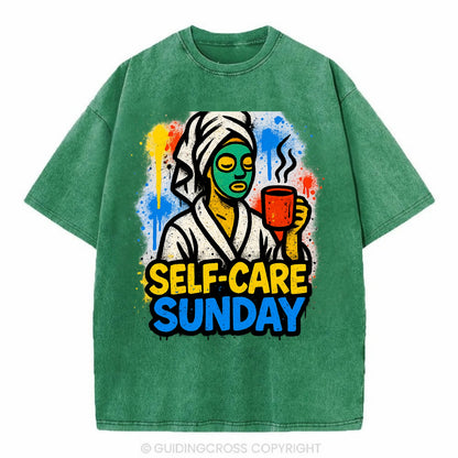 Person in bathrobe with face mask and tea - self-care Sunday ritual, wellness - Vintage T-shirt - Forest Mist(Green)