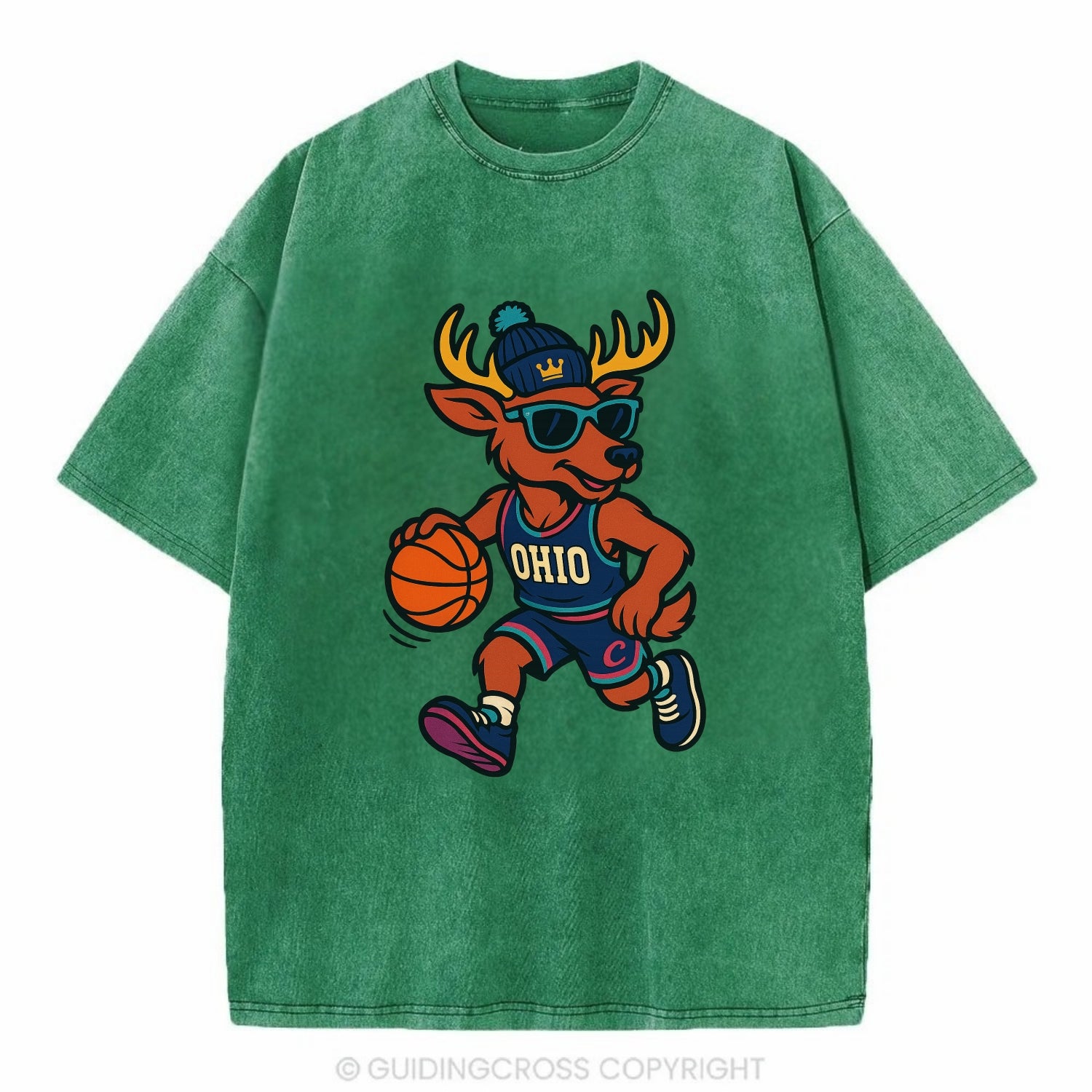 Ohio Deer wearing Cavs beanie with crown patch and wayfarer sunglasses - Vintage T-shirt - Forest Mist(Green)