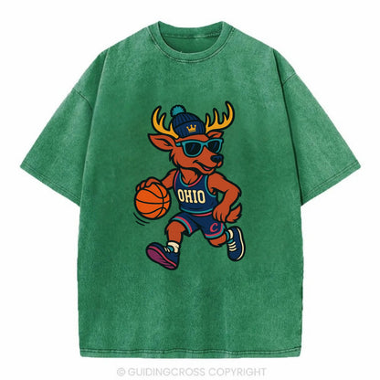 Ohio Deer wearing Cavs beanie with crown patch and wayfarer sunglasses - Vintage T-shirt - Forest Mist(Green)