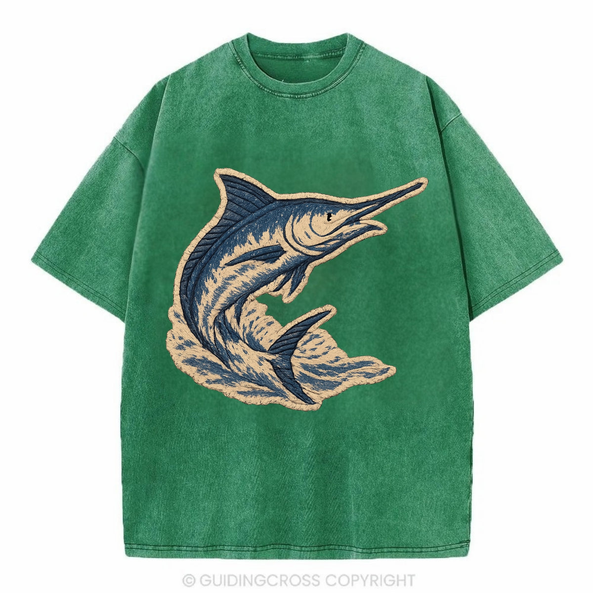 SWORDFISH MARLIN - leaping marlin in blue and silver , sport fishing - Vintage T-shirt - Forest Mist(Green)