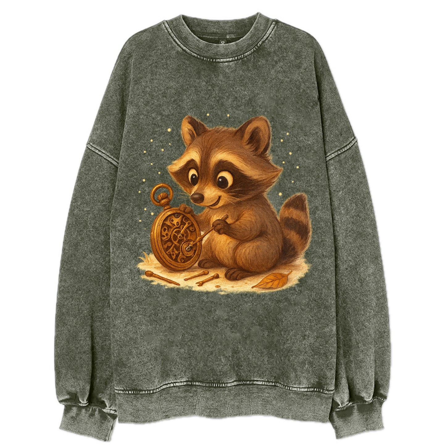 Raccoon tinkering with a steampunk pocket watch using tiny brass tools - Vintage Sweatshirt - Forest Mist(Green)