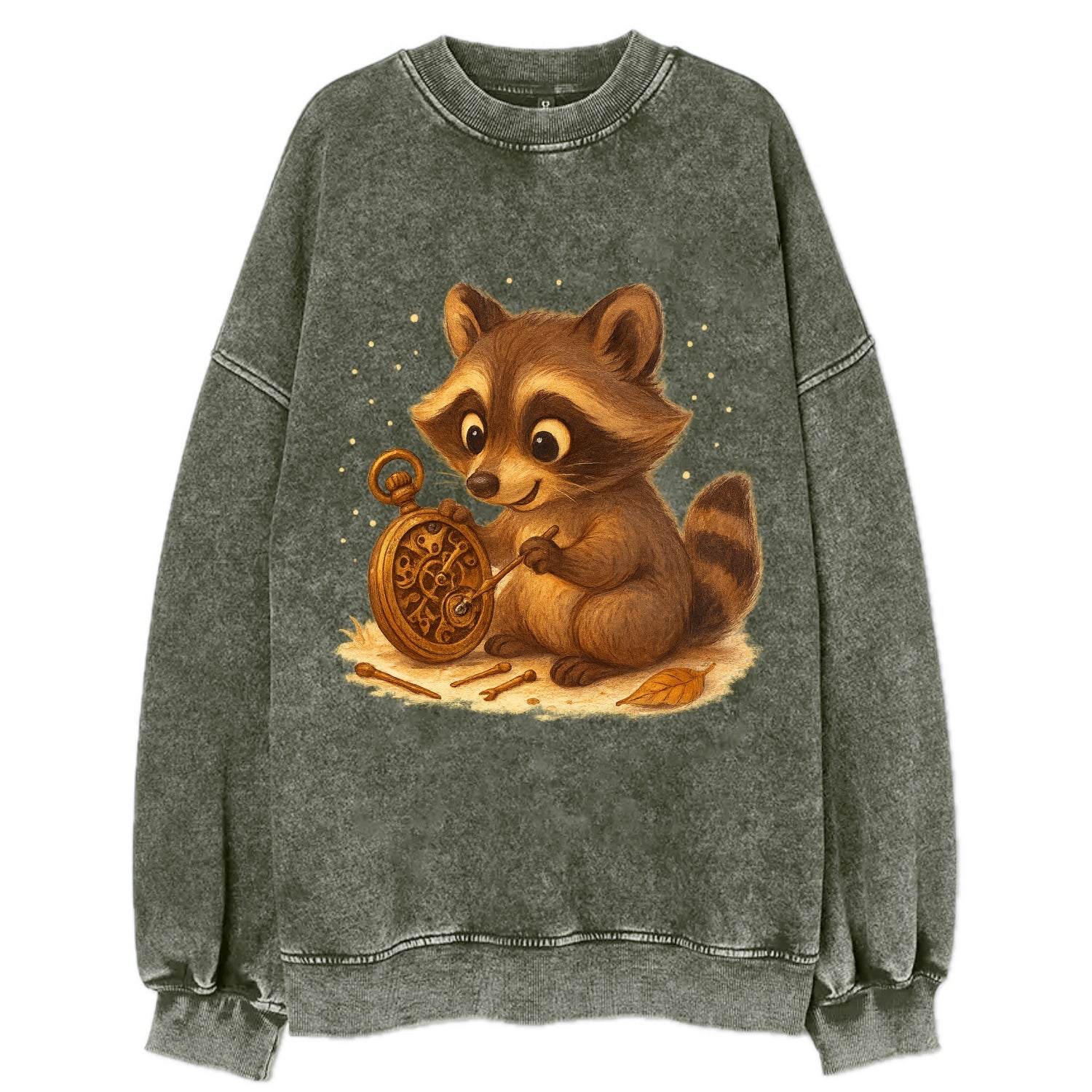 Raccoon tinkering with a steampunk pocket watch using tiny brass tools - Vintage Sweatshirt - Forest Mist(Green)