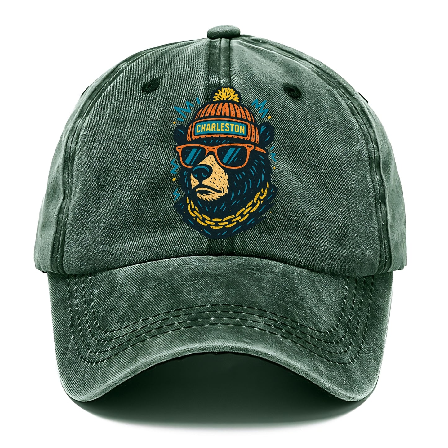 West Virginia Black Bear wearing Charleston beanie with pom pom and wayfarer - Classic Cap - Forest Mist(Green)