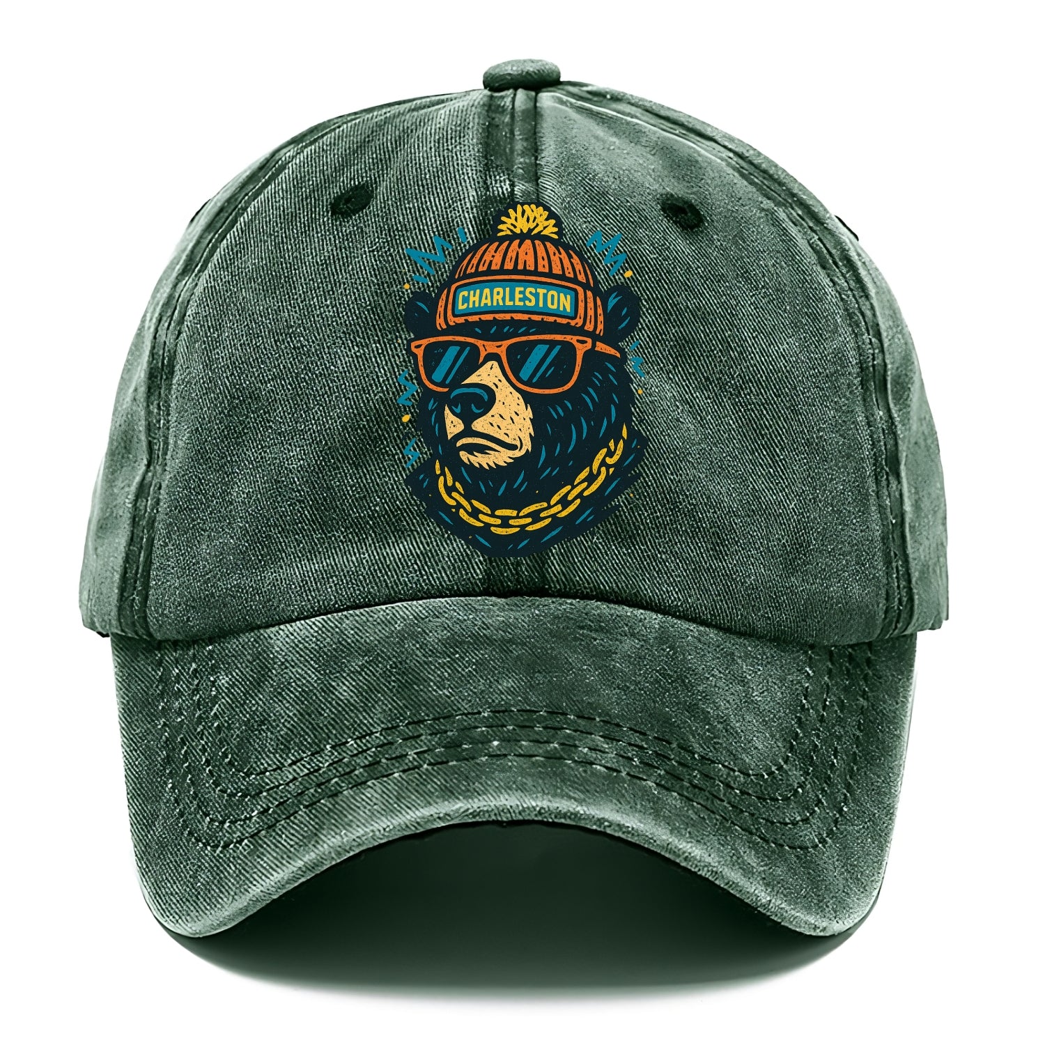 West Virginia Black Bear wearing Charleston beanie with pom pom and wayfarer - Classic Cap - Forest Mist(Green)