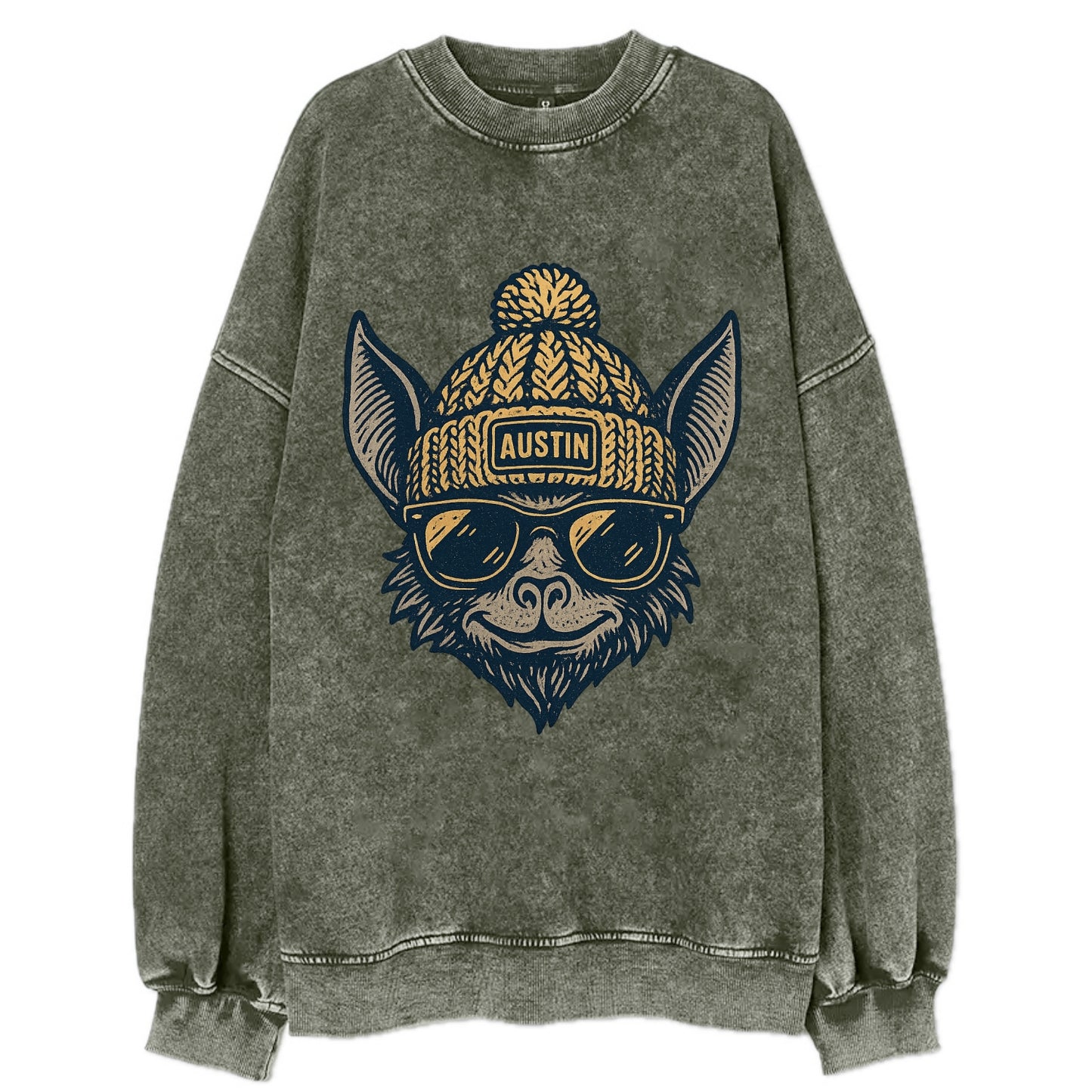 Austin Bat wearing Austin beanie with pom pom and wayfarer sunglasses - Vintage Sweatshirt - Forest Mist(Green)