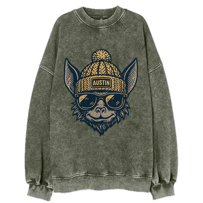 Austin Bat wearing Austin beanie with pom pom and wayfarer sunglasses - Vintage Sweatshirt - Forest Mist(Green)
