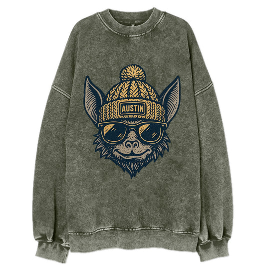 Austin Bat wearing Austin beanie with pom pom and wayfarer sunglasses - Vintage Sweatshirt - Forest Mist(Green)