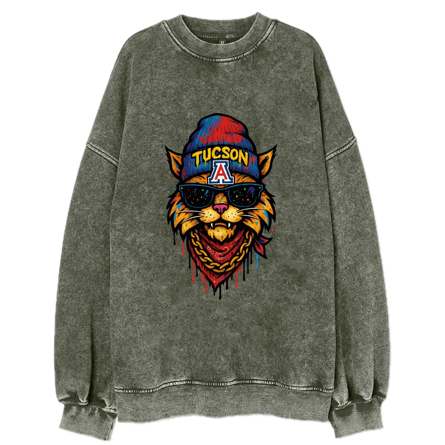 Tucson Wildcat wearing Arizona beanie with A patch - Vintage Sweatshirt - Forest Mist(Green)