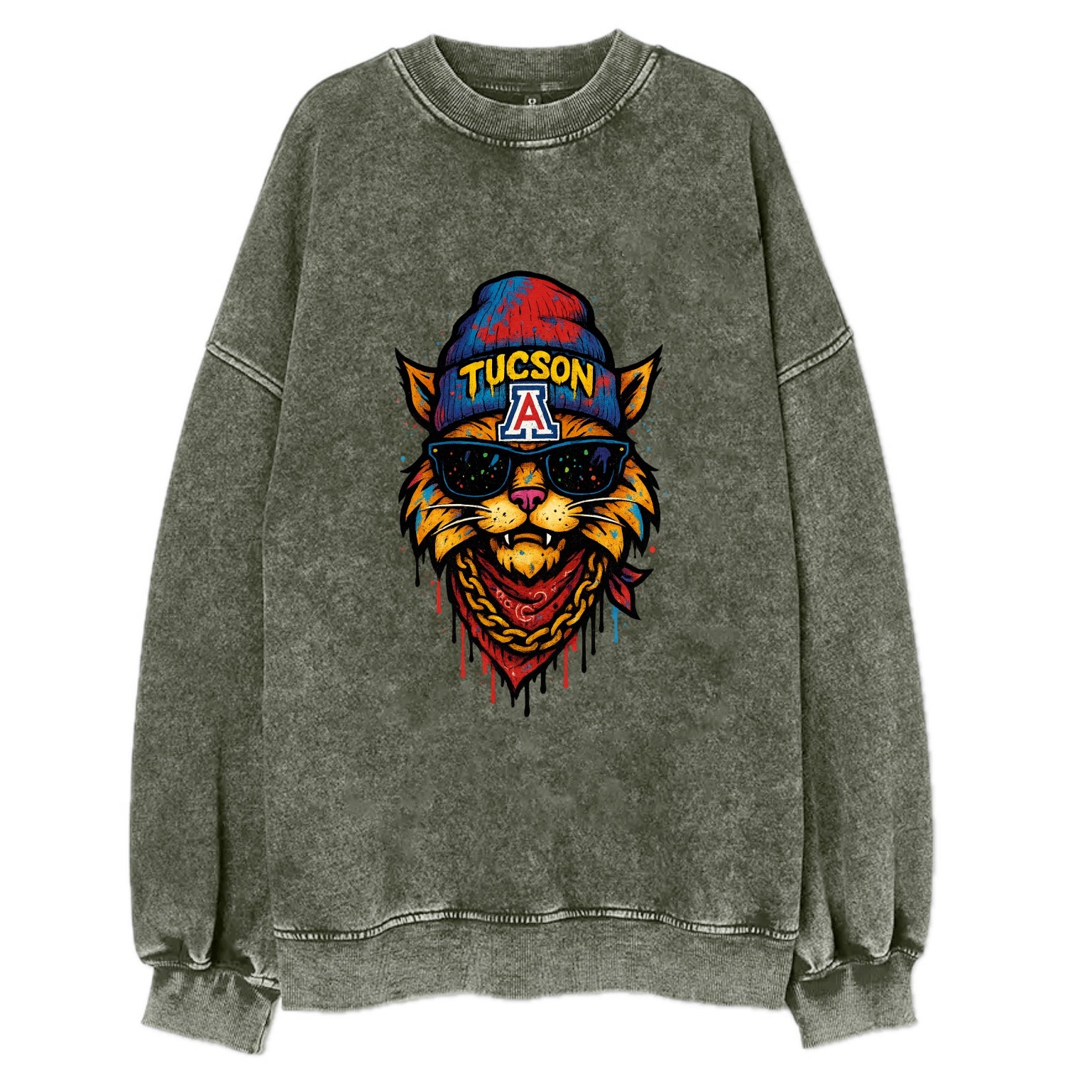 Tucson Wildcat wearing Arizona beanie with A patch - Vintage Sweatshirt - Forest Mist(Green)