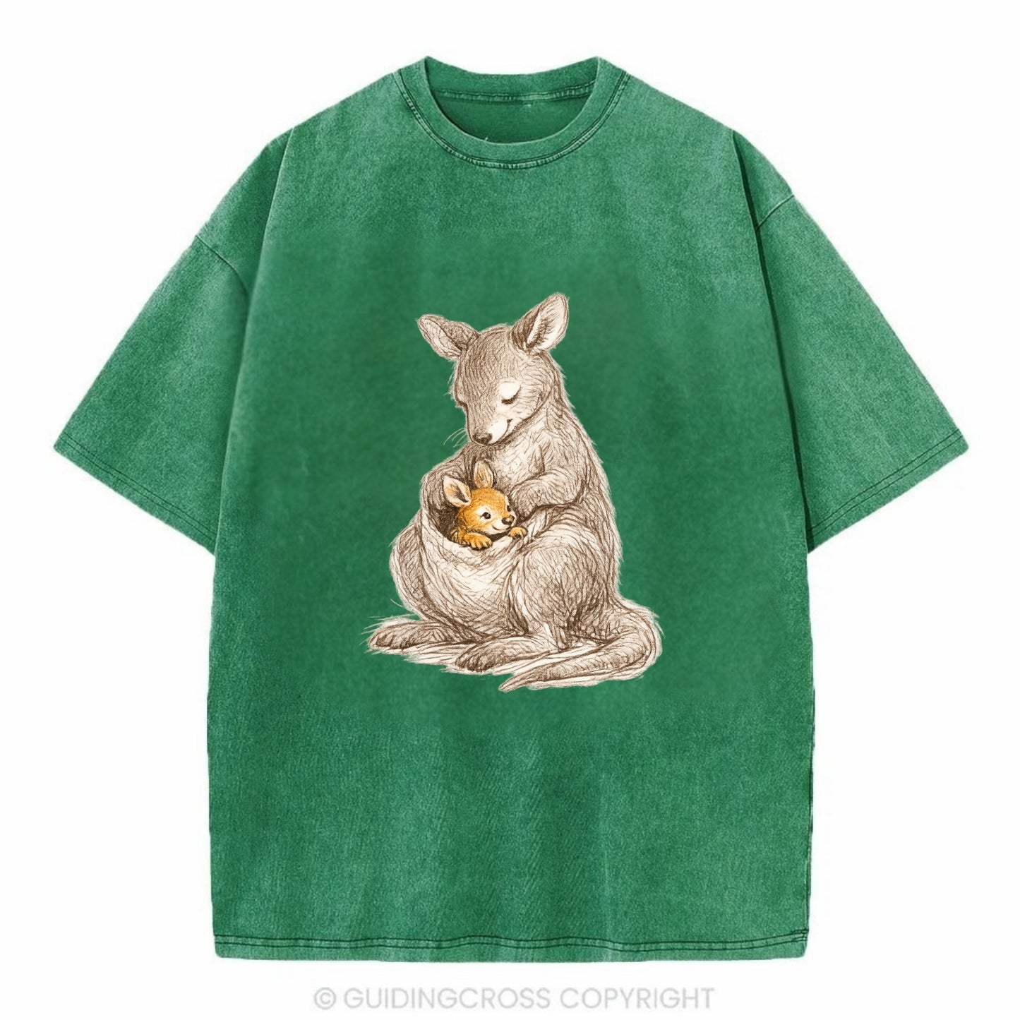 MOTHER'S POUCH | Kangaroo maternal embrace | Joey safe inside | Protective love | - Vintage T-shirt - Forest Mist(Green)