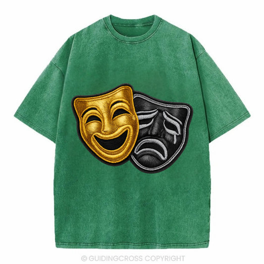 BROADWAY MASKS - comedy tragedy masks in gold and black , theater - Vintage T-shirt - Forest Mist(Green)