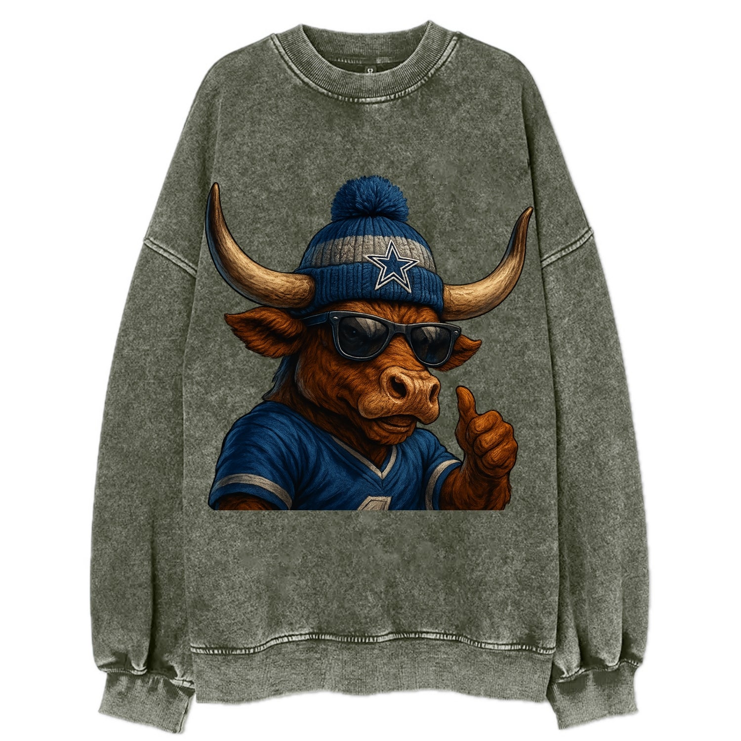 Texas Longhorn wearing Cowboys silver and blue beanie with star and wayfarer - Vintage Sweatshirt - Forest Mist(Green)