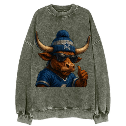 Texas Longhorn wearing Cowboys silver and blue beanie with star and wayfarer - Vintage Sweatshirt - Forest Mist(Green)