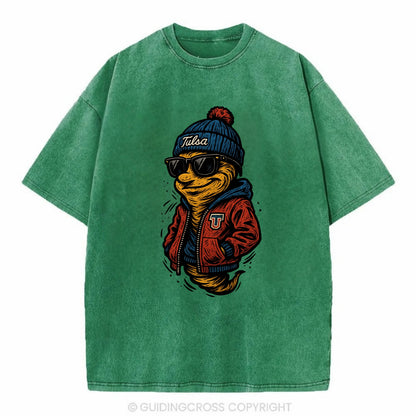 Tulsa Hurricane wearing Tulsa beanie with TU patch - Vintage T-shirt - Forest Mist(Green)