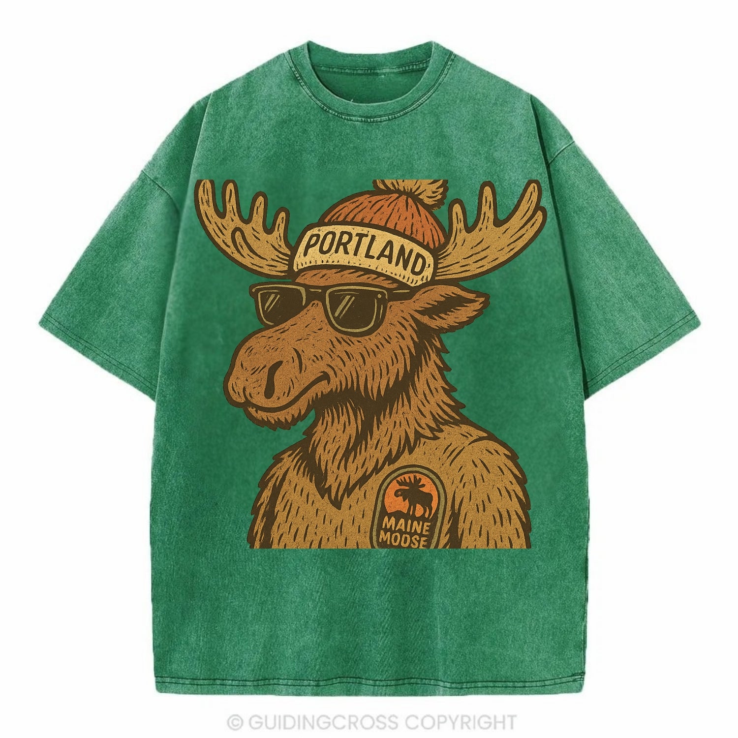 Maine Moose wearing Portland beanie with pom pom and wayfarer sunglasses - Vintage T-shirt - Forest Mist(Green)