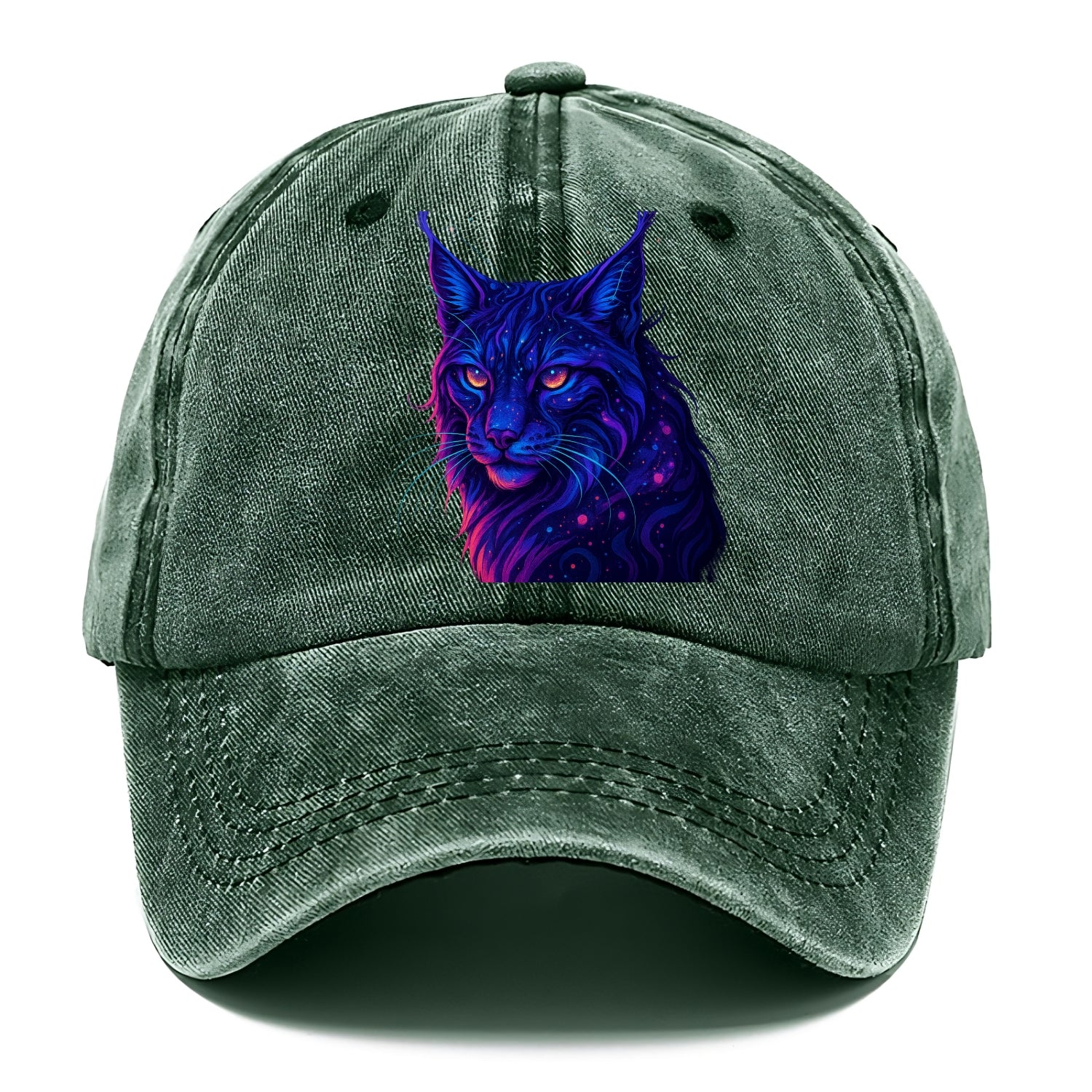 Stealthy lynx with ear tufts forming constellation patterns, nebula spots across the - Classic Cap - Forest Mist(Green)