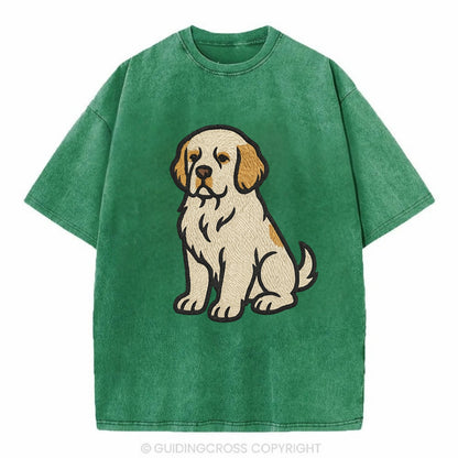 Clumber Spaniel - White with lemon markings embroidered pose - Vintage T-shirt - Forest Mist(Green)