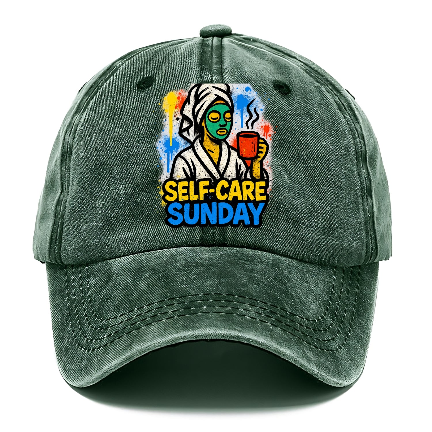 Person in bathrobe with face mask and tea - self-care Sunday ritual, wellness - Classic Cap - Forest Mist(Green)