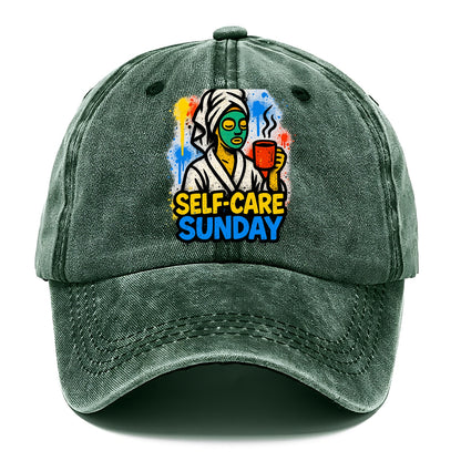 Person in bathrobe with face mask and tea - self-care Sunday ritual, wellness - Classic Cap - Forest Mist(Green)