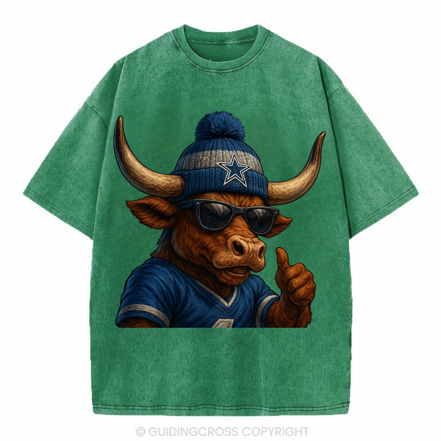 Texas Longhorn wearing Cowboys silver and blue beanie with star and wayfarer - Vintage T-shirt - Forest Mist(Green)