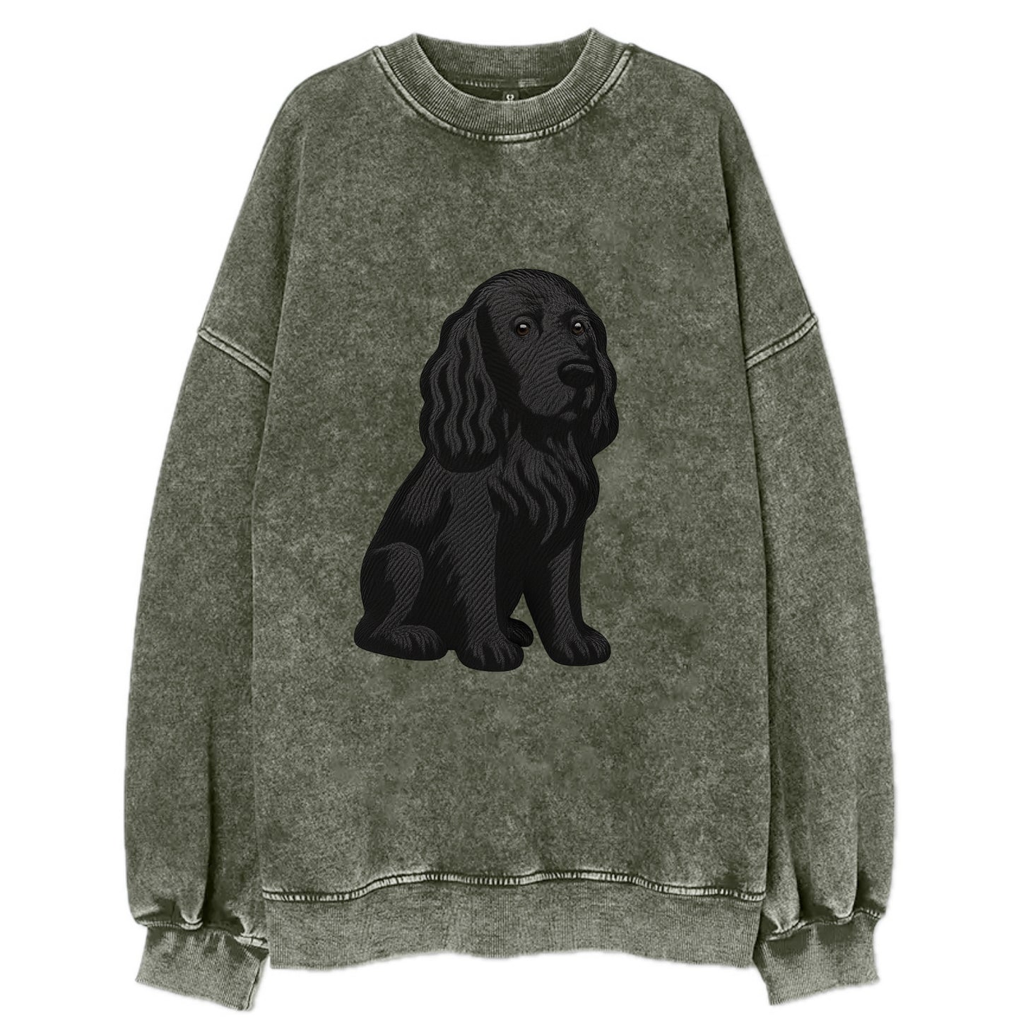 Field Spaniel - Black silky coat embroidered pose - Vintage Sweatshirt - Forest Mist(Green)