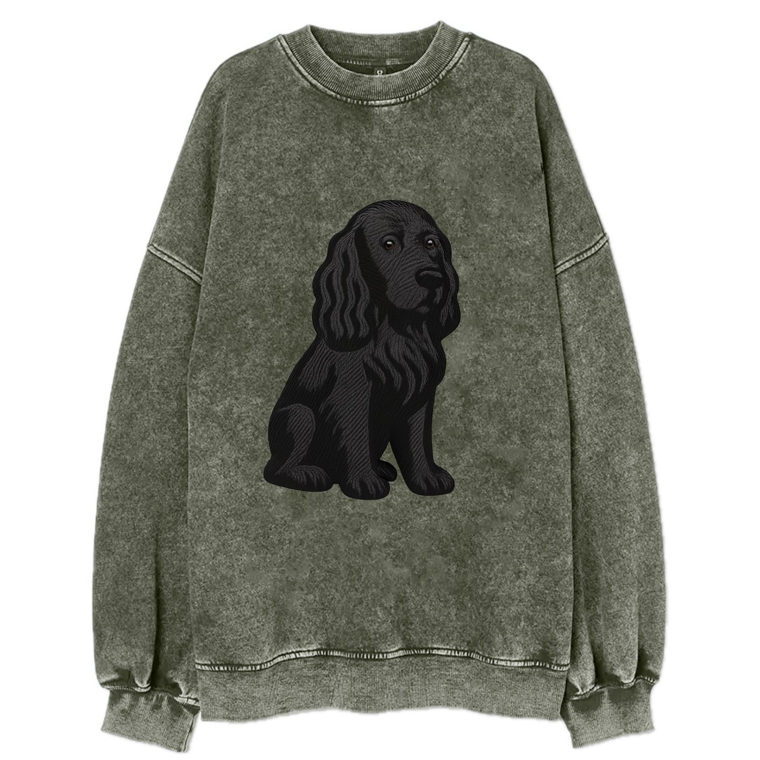 Field Spaniel - Black silky coat embroidered pose - Vintage Sweatshirt - Forest Mist(Green)