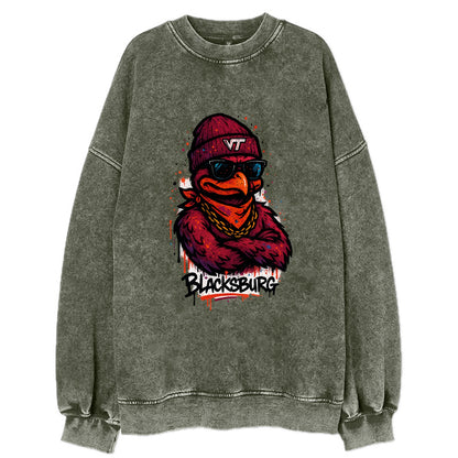 Blacksburg HokieBird wearing Virginia Tech beanie with VT patch - Vintage Sweatshirt - Forest Mist(Green)