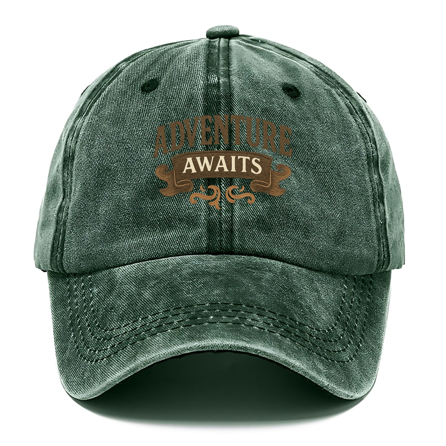 Bold typography design - "ADVENTURE AWAITS" - excitement ahead, ready for anything - Classic Cap - Forest Mist(Green)