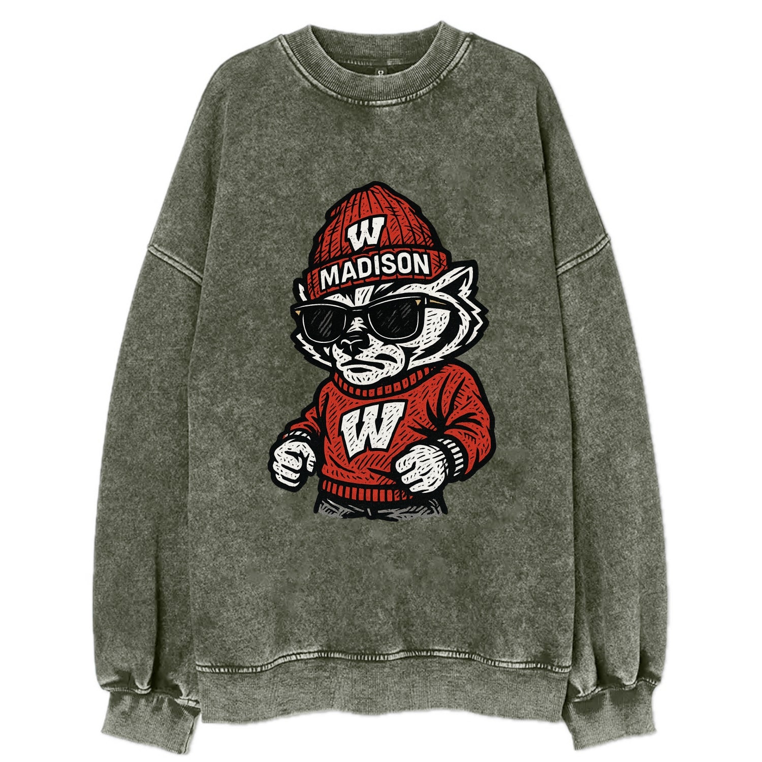 Madison Badger wearing Wisconsin beanie with motion W patch - Vintage Sweatshirt - Forest Mist(Green)