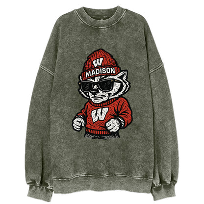 Madison Badger wearing Wisconsin beanie with motion W patch - Vintage Sweatshirt - Forest Mist(Green)