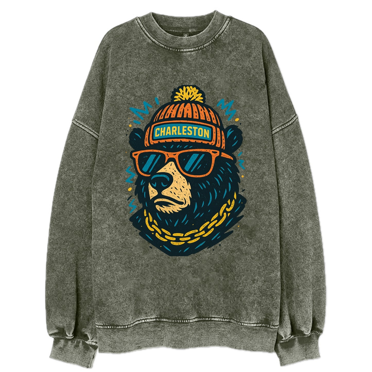 West Virginia Black Bear wearing Charleston beanie with pom pom and wayfarer - Vintage Sweatshirt - Forest Mist(Green)