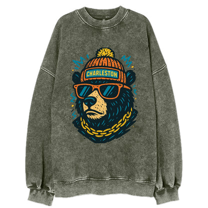 West Virginia Black Bear wearing Charleston beanie with pom pom and wayfarer - Vintage Sweatshirt - Forest Mist(Green)