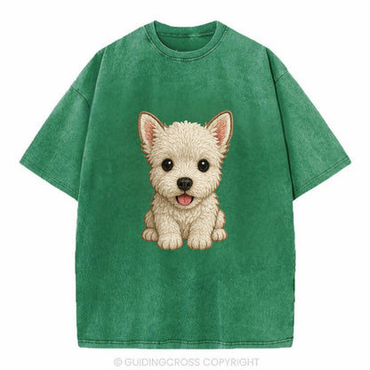Baby West Highland White Terrier Puppy - all white, pointed ears, dark eyes, - Vintage T-shirt - Forest Mist(Green)
