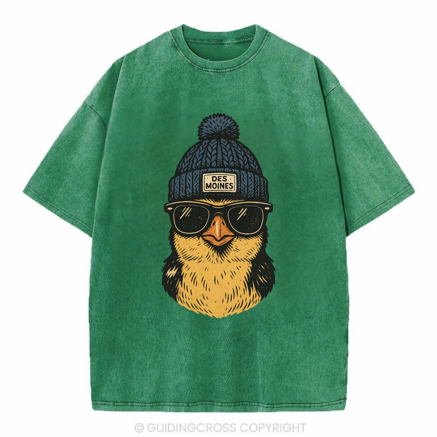 Iowa Goldfinch wearing Des Moines beanie with pom pom and wayfarer sunglasses - Vintage T-shirt - Forest Mist(Green)