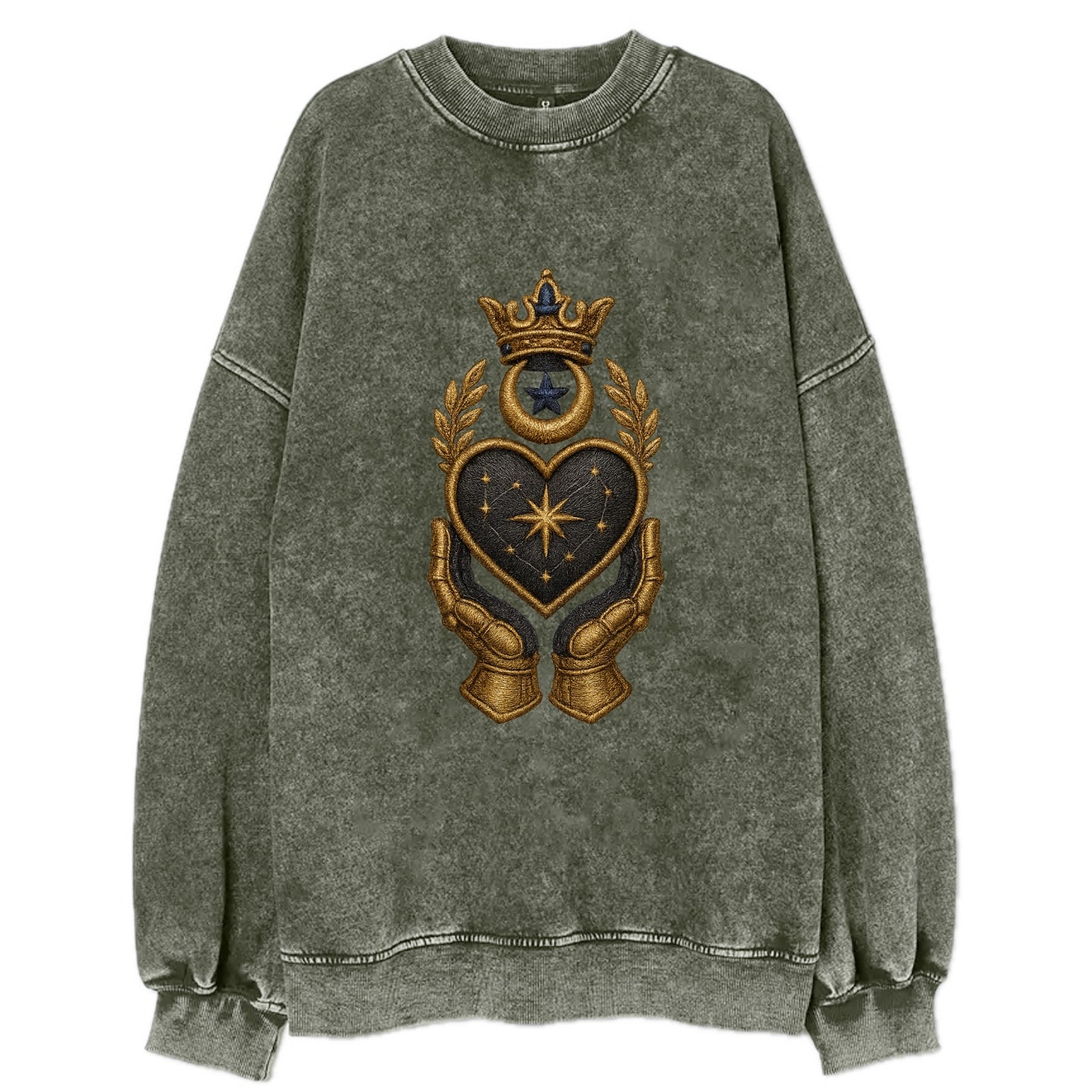 Crowned heart with Art Deco sunburst crown and geometric filigree hands - Vintage Sweatshirt - Forest Mist(Green)