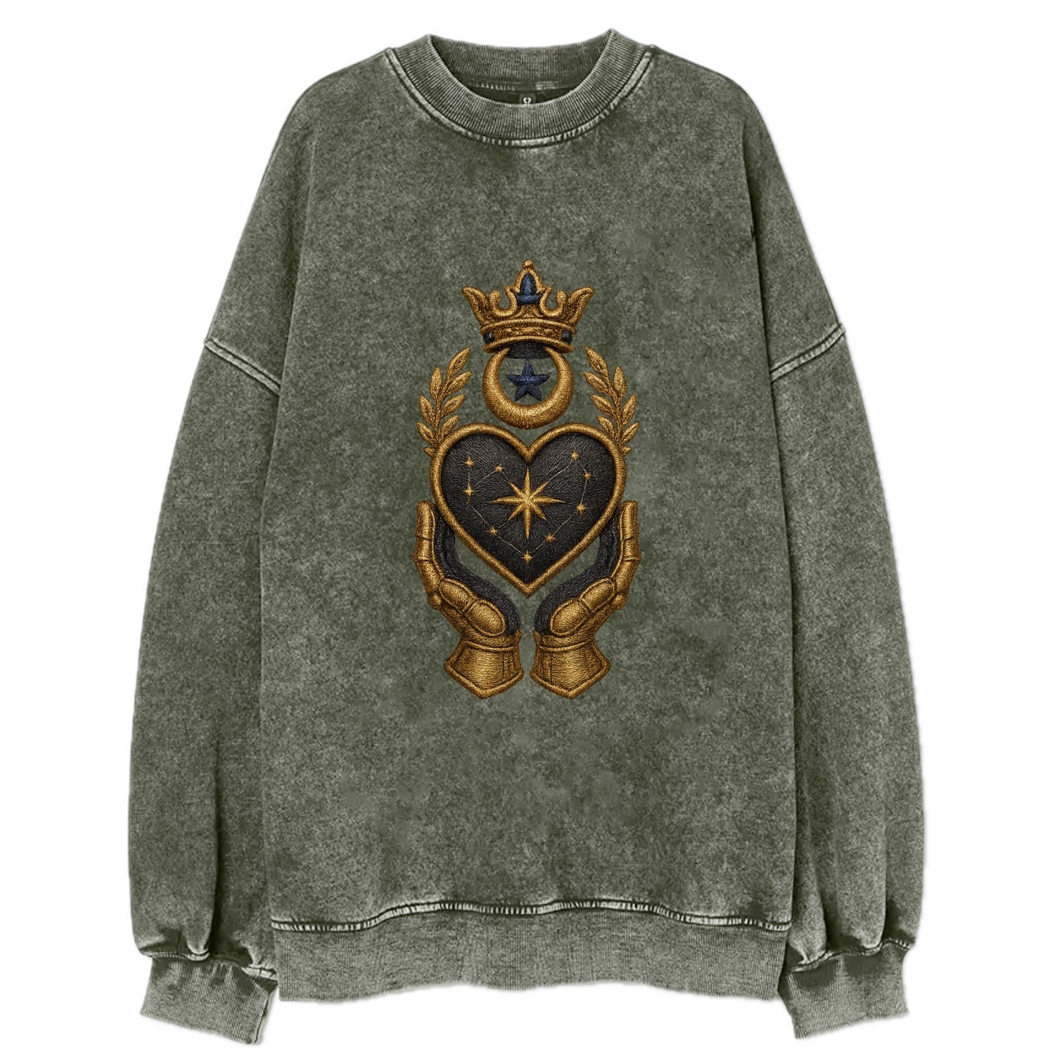 Crowned heart with Art Deco sunburst crown and geometric filigree hands - Vintage Sweatshirt - Forest Mist(Green)