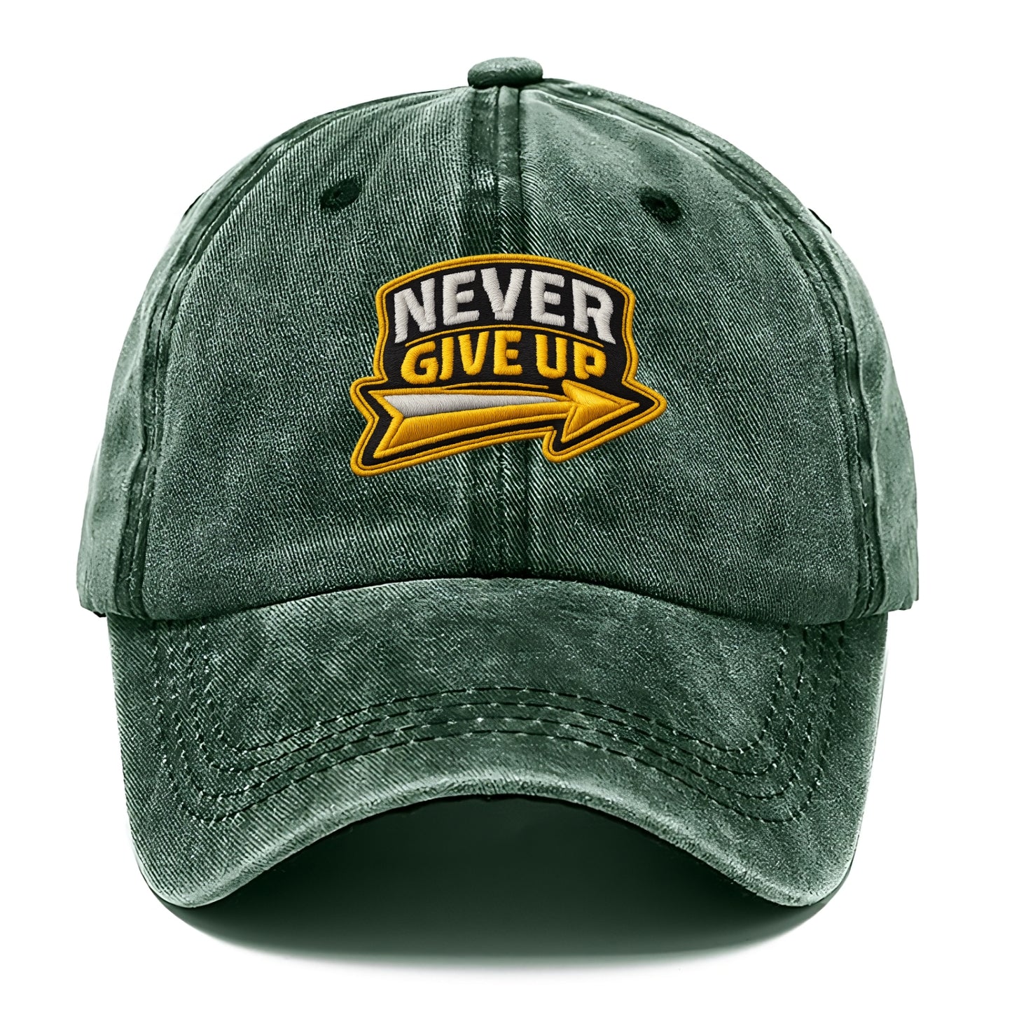 NEVER GIVE UP - bold text with arrow in gold , determination - Classic Cap - Forest Mist(Green)