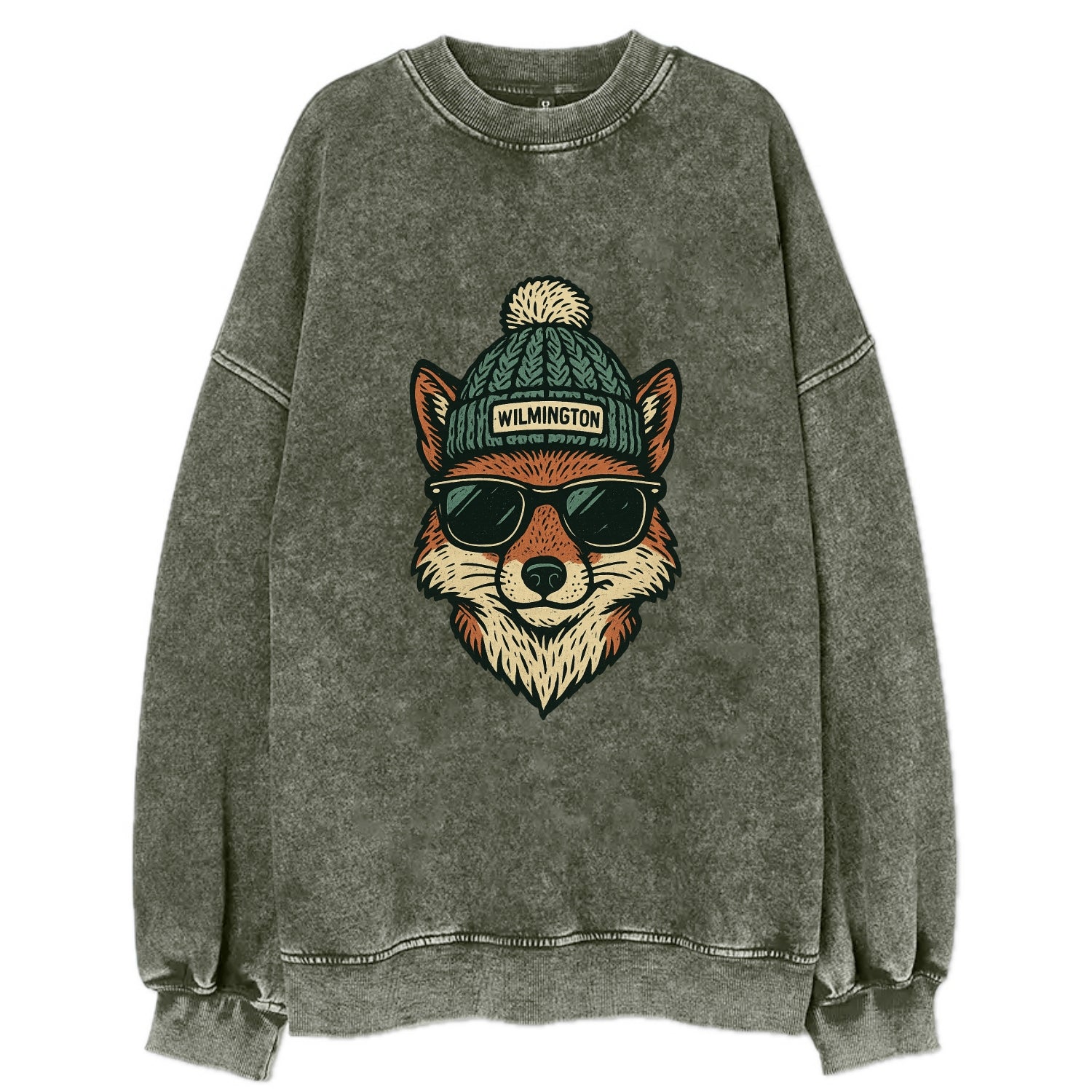 Delaware Gray Fox wearing Wilmington beanie with pom pom and wayfarer - Vintage Sweatshirt - Forest Mist(Green)