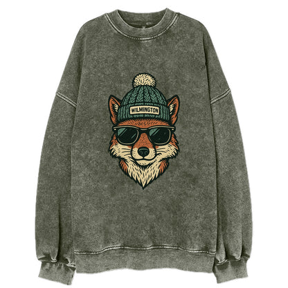 Delaware Gray Fox wearing Wilmington beanie with pom pom and wayfarer - Vintage Sweatshirt - Forest Mist(Green)