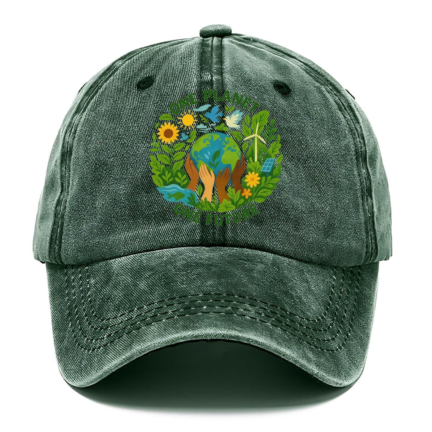 Globe surrounded by hands of all colors working together - "One Planet, One Future" - - Classic Cap - Forest Mist(Green)