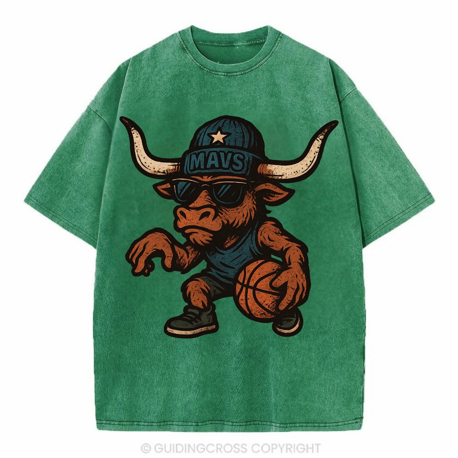 Texas Longhorn wearing Mavs beanie with lone star patch and wayfarer sunglasses - Vintage T-shirt - Forest Mist(Green)