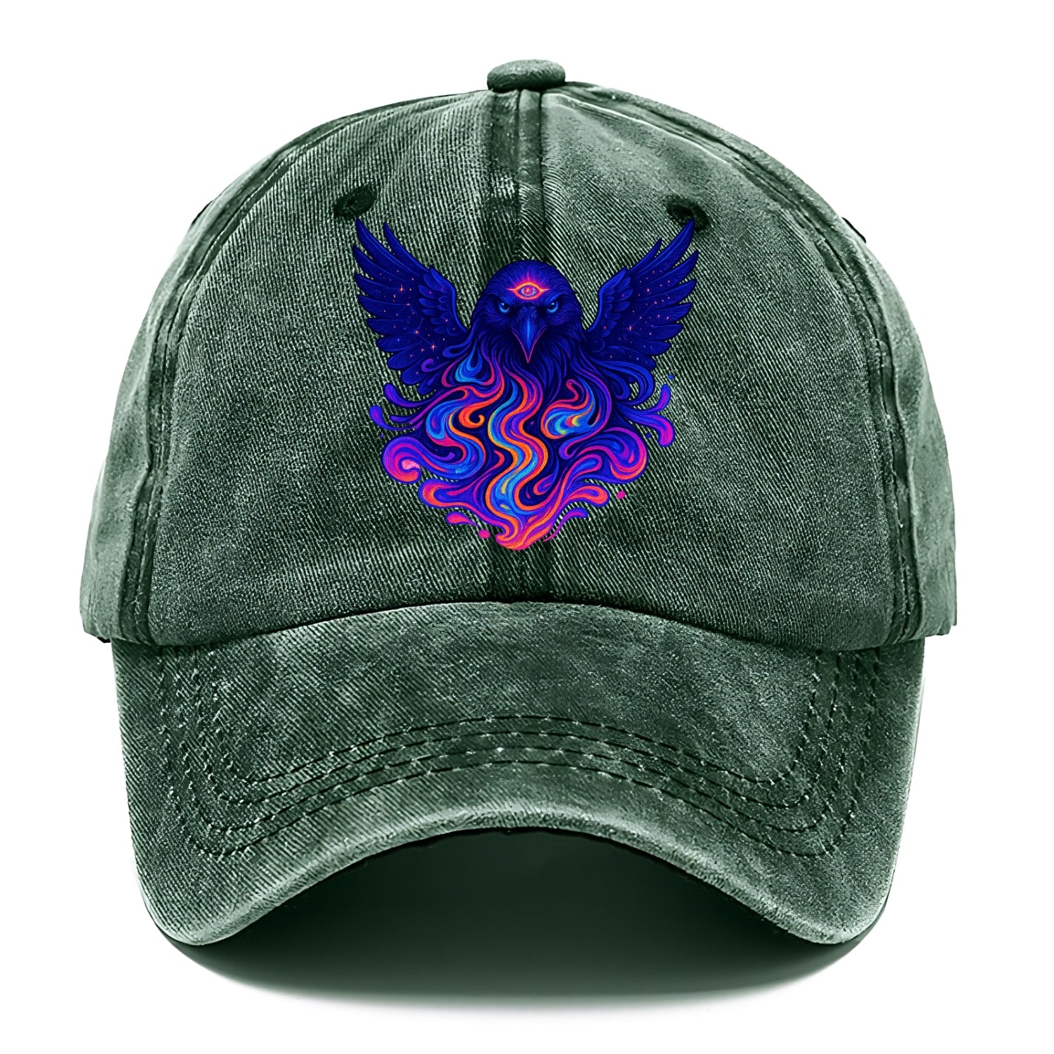 Mysterious raven with feathers showing future visions in neon colors, wings spread - Classic Cap - Forest Mist(Green)