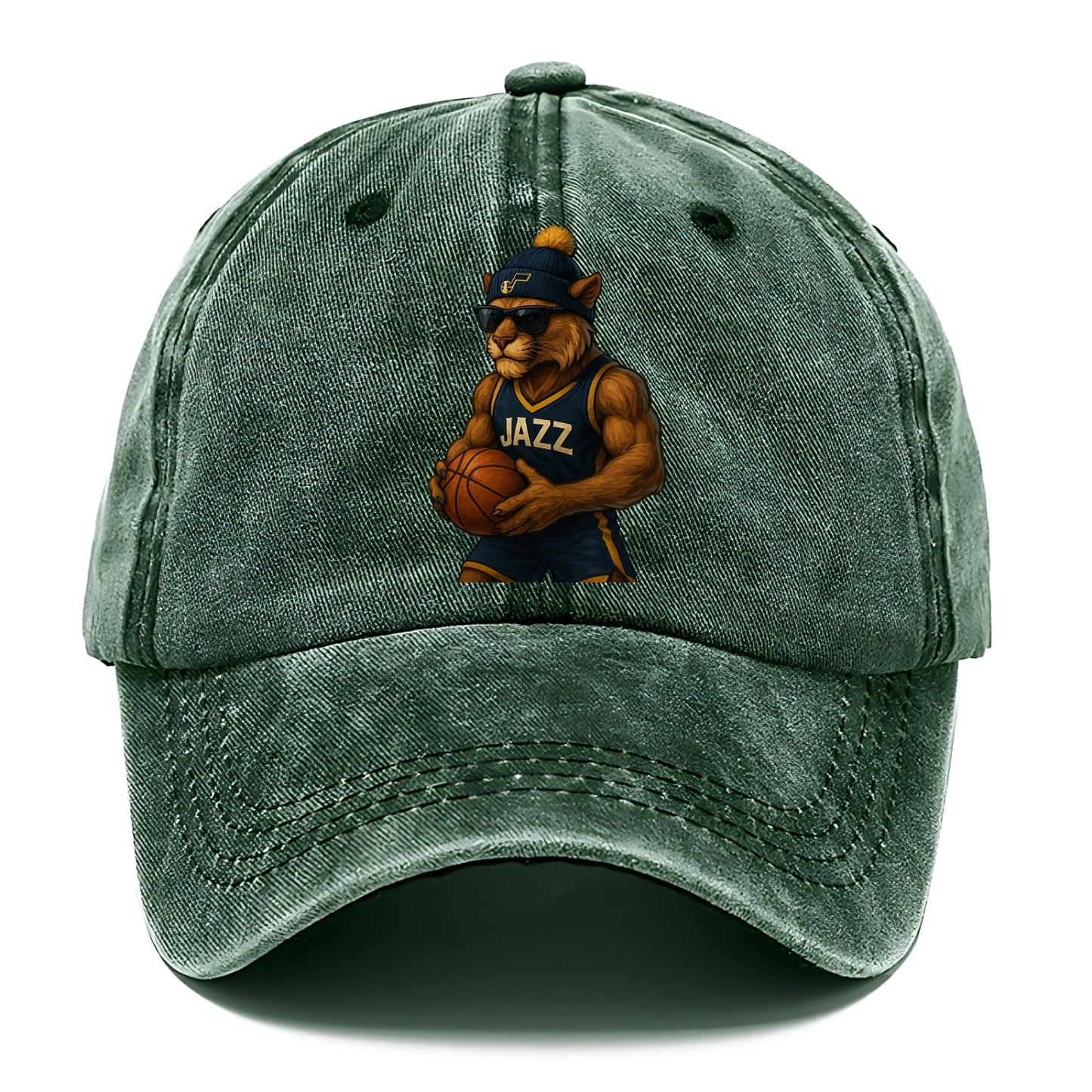 Utah Mountain Lion wearing Jazz navy and yellow beanie with music note and wayfarer - Classic Cap - Forest Mist(Green)