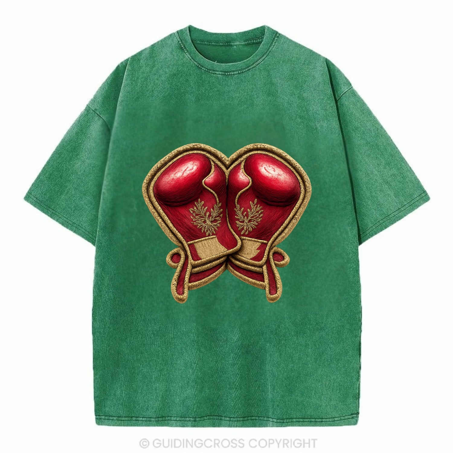 Embroidered patch design - BOXING GLOVES - red boxing gloves crossed in crimson - Vintage T-shirt - Forest Mist(Green)