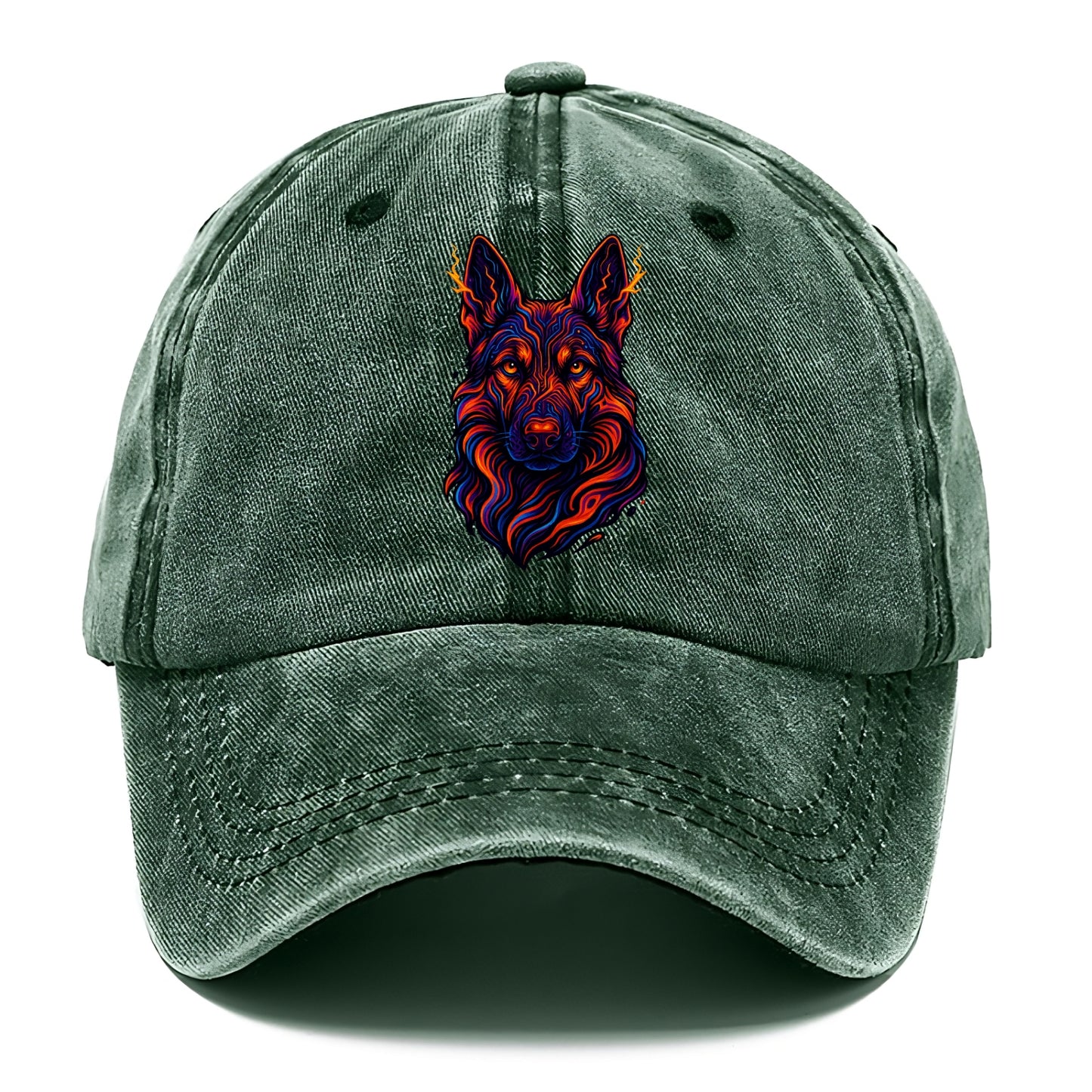 Alert German Shepherd with cyber circuit patterns in the fur, neon orange and black - Classic Cap - Forest Mist(Green)