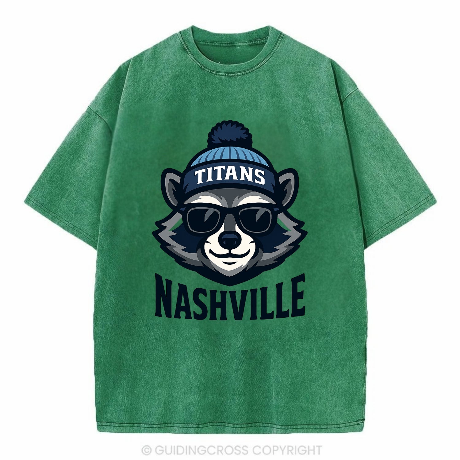 Nashville Raccoon wearing Titans navy and light blue beanie with pom pom and - Vintage T-shirt - Forest Mist(Green)