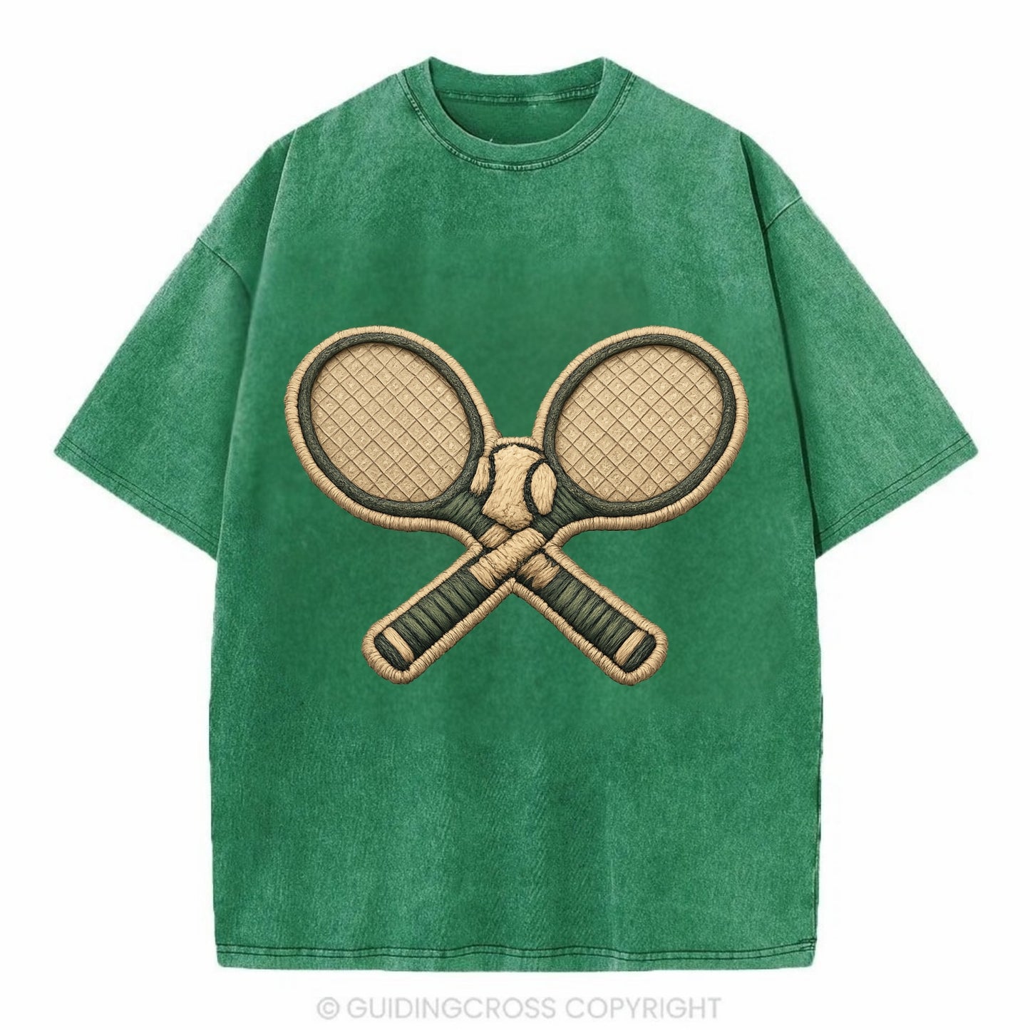 Embroidered patch design - TENNIS RACKET CROSSED - tennis rackets with ball in - Vintage T-shirt - Forest Mist(Green)
