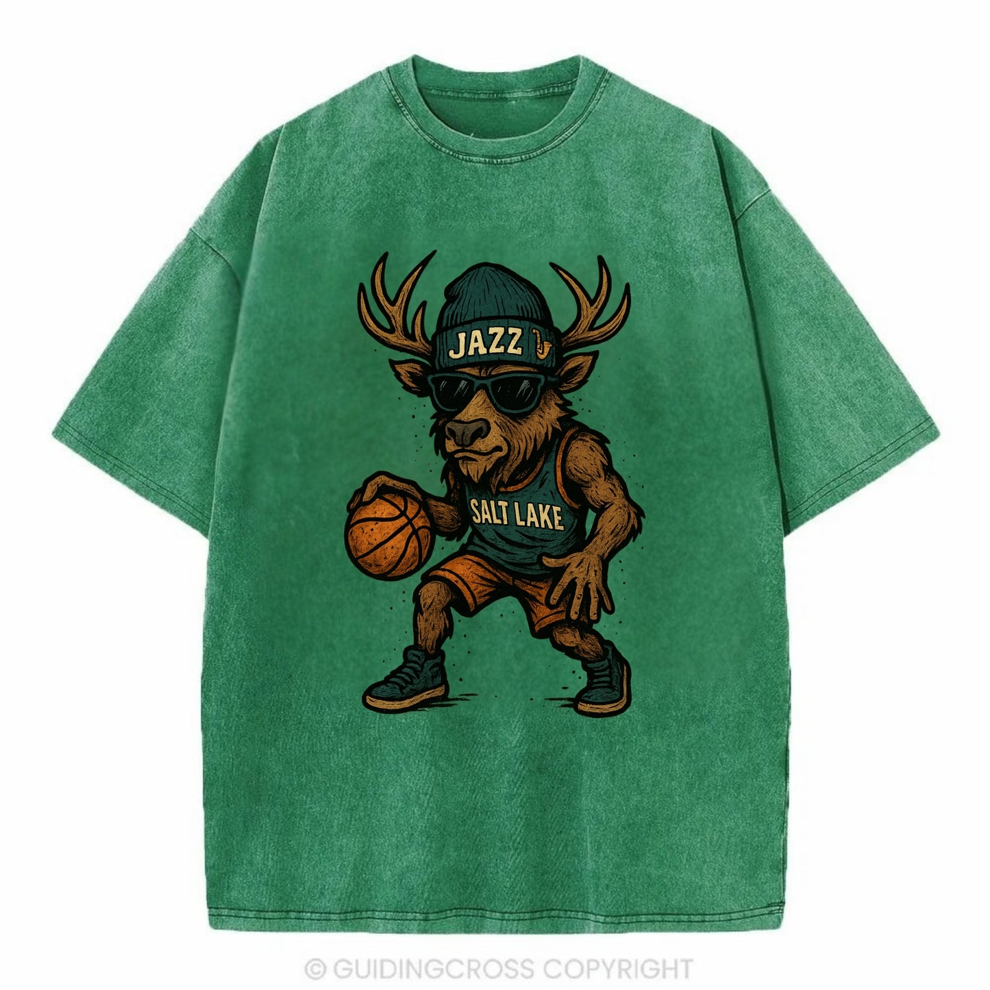 Salt Lake Elk wearing Jazz beanie with saxophone patch and wayfarer sunglasses - Vintage T-shirt - Forest Mist(Green)